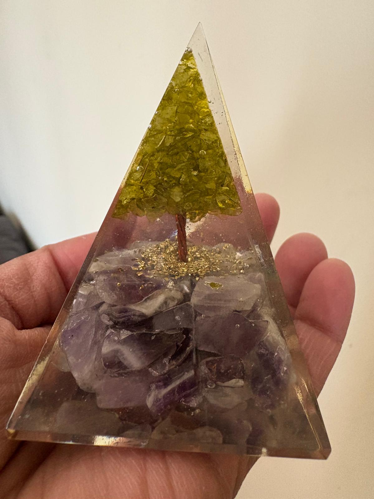 Amethyst with Peridot Tree of Life Orgonite Pyramid-1