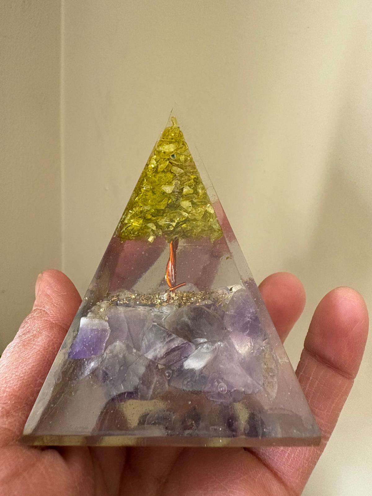 Amethyst with Peridot Tree of Life Orgonite Pyramid-0
